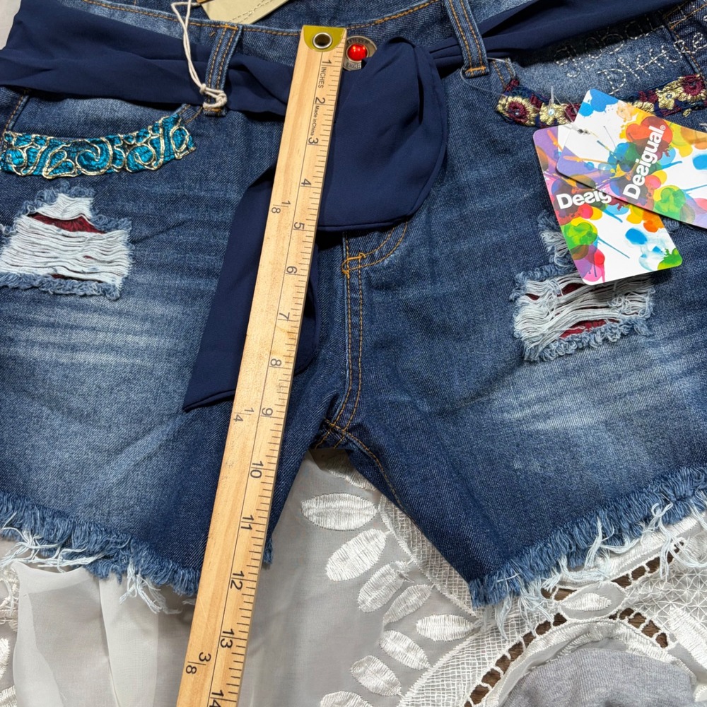 RARE Deadstock Y2K Desigual Exotic Denim Shorts Embroidered Sash Belt 28 NWT - Picture 6 of 8